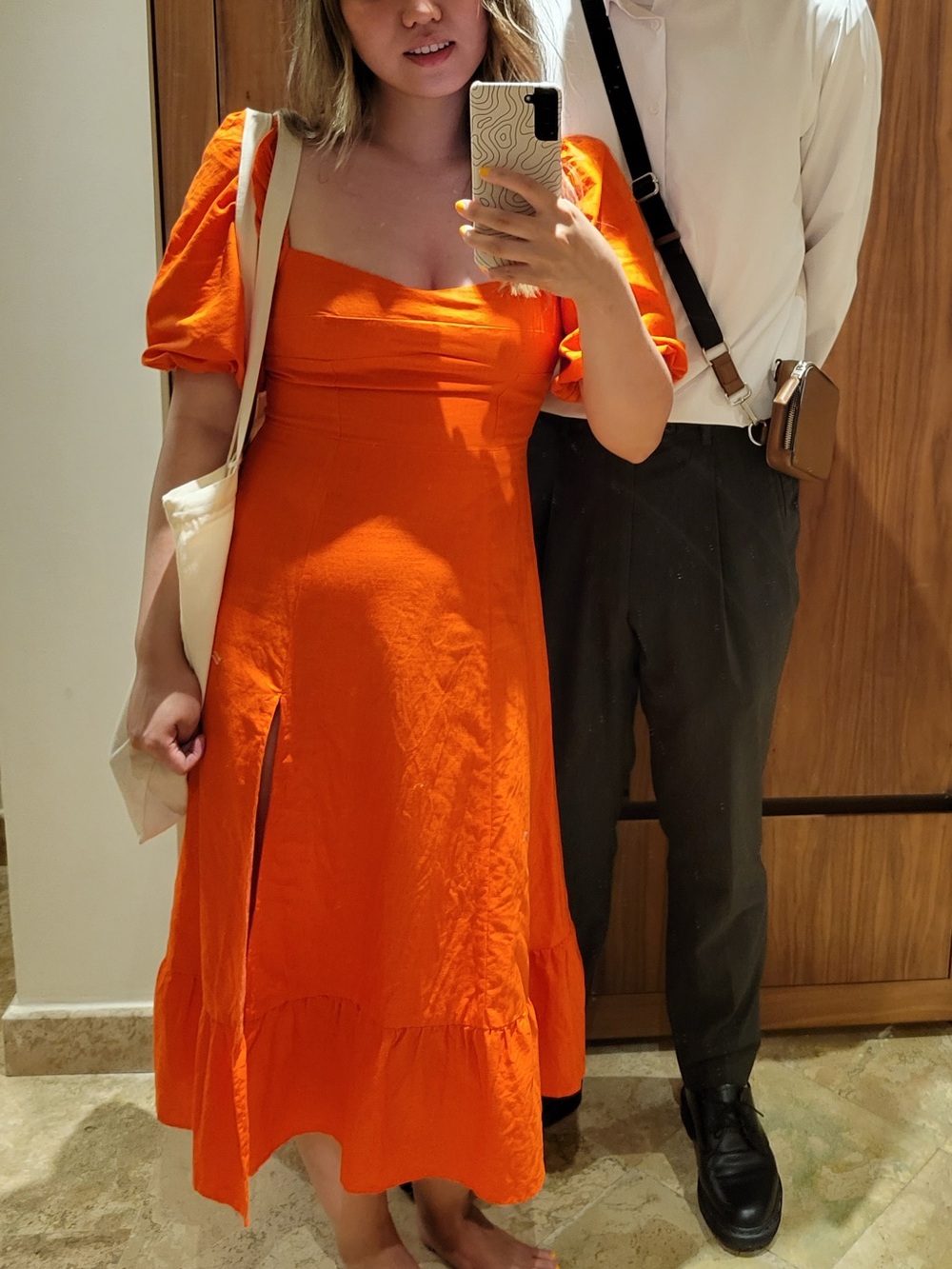 O.P.T Linen Orange Sweetheart Midi dress with slit